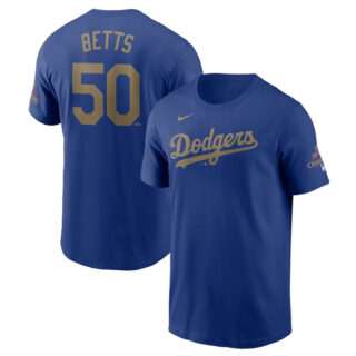 Men's Los Angeles Dodgers #50 Mookie Betts Royal 2025 Gold Collection Name & Number T-Shirt