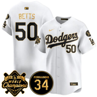 Men's Los Angeles Dodgers #50 Mookie Betts White Gold 2024 World Champions & Fernando Memorial Patch Vapor Premier Limited Stitched Baseball Jersey