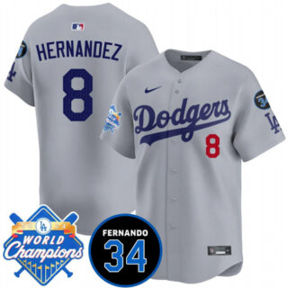 Men's Los Angeles Dodgers #8 Enrique Hernandez Grey 2024 World Champions & Fernando Memorial Patch Vapor Premier Limited Stitched Baseball Jersey