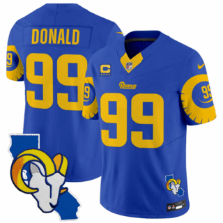 Men's Los Angeles Rams #99 Aaron Donald Royal 2025 4-Star C Patch F.U.S.E. V2 Limited Stitched Football Jersey