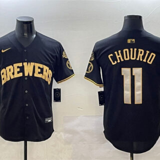 Men's Milwaukee Brewers #11 Jackson Chourio Black Gold With Home Patch Limited Stitched Baseball Jersey