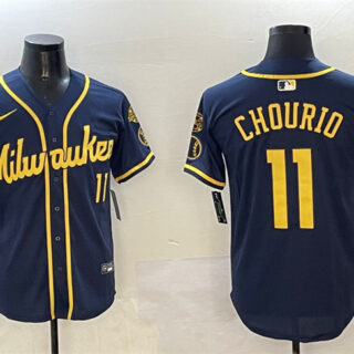 Men's Milwaukee Brewers #11 Jackson Chourio Navy With Home Patch Limited Stitched Baseball Jersey