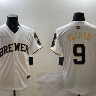 Men's Milwaukee Brewers #9 Bob Uecker White Gold With Home Patch Limited Stitched Baseball Jersey