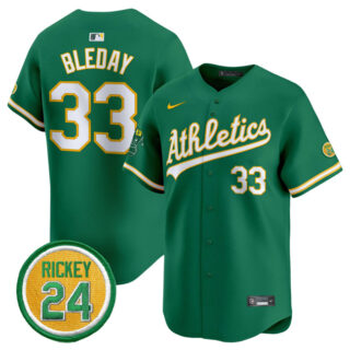 Men's Oakland Athletics #33 JJ Bleday Green 2024 Limited With Rickey Henderson Patch Stitched Jersey