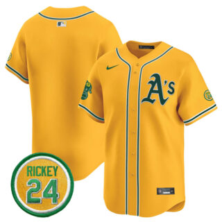 Men's Oakland Athletics Blank Yellow 2024 Limited With Rickey Henderson Patch Stitched Jersey