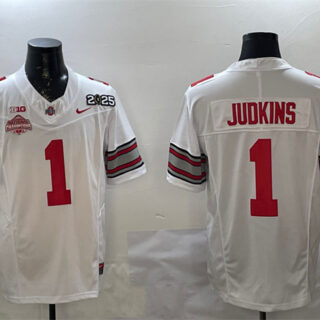 Men's Ohio State Buckeyes #1 Quinshon Judkins White 2025 CFP Final With National Champions Patch F.U.S.E. Vapor Limited Stitched Football Jersey