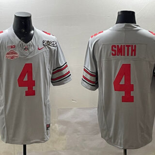Men's Ohio State Buckeyes #4 Jeremiah Smith Grey 2025 CFP Final With National Champions Patch F.U.S.E. Vapor Limited Stitched Football Jersey