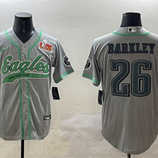 Men's Philadelphia Eagles #26 Saquon Barkley Grey 2025 Super Bowl LIX Patch Cool Base Stitched Baseball Jersey