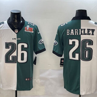 Men's Philadelphia Eagles #26 Saquon Barkley White & Green Split 2025 Super Bowl LIX Patch Vapor Untouchable Limited Stitched Football Jersey