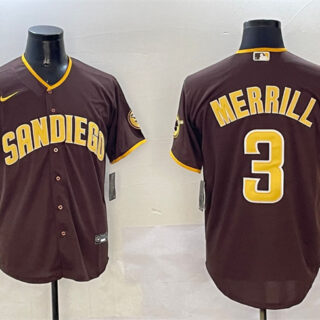 Men's San Diego Padres #3 Jackson Merrill Brown Cool Base Stitched Baseball Jersey