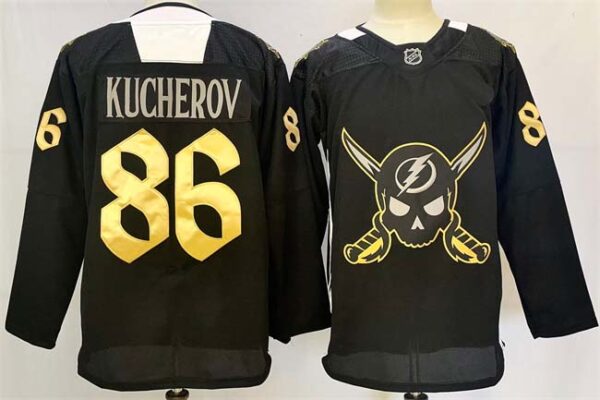 Men's Tampa Bay Lightning #86 Nikita Kucherov 2024-25 Black Gasparilla Inspired Pirate-Themed Warmup Stitched Jersey