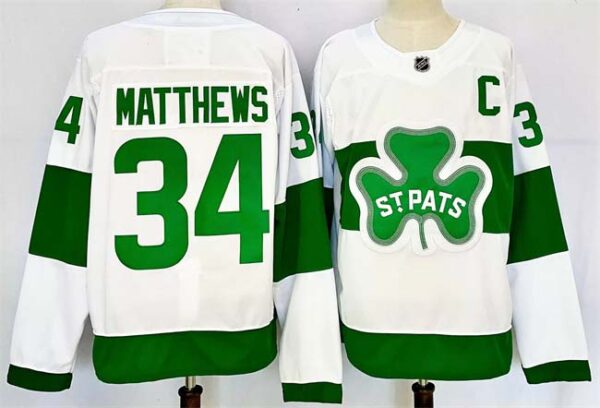 Men's Toronto Maple Leafs #34 Auston Matthews White Green 2024-25 With C Patch Stitched Jersey