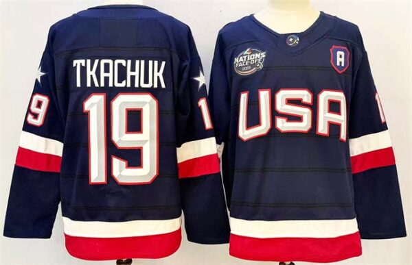 Men's USA #19 Matthew Tkachuk Navy 2025 With A Patch 4 Nations Face-Off Stitched Jersey