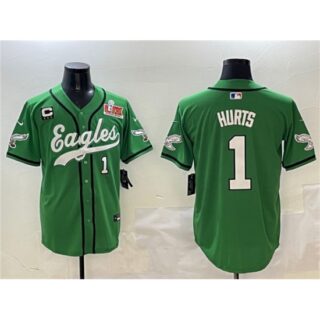 Men's Philadelphia Eagles #1 Jalen Hurts Green 2025 Super Bowl LIX And 3-Star C Stitched Baseball Jersey