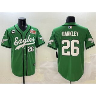 Men's Philadelphia Eagles #26 Saquon Barkley Green 2025 Super Bowl LIX And 3-Star C Stitched Baseball Jersey