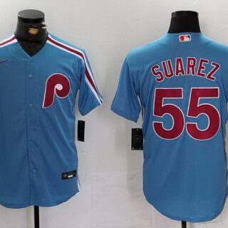 Men's Philadelphia Phillies #55 Ranger Suarez Light Blue Throwback Replica Jersey