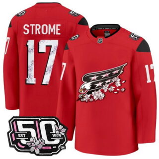 Men's Washington Capitals #17 Dylan Strome 50th Anniversary Cherry Blossom Premium Red Jersey - All Stitched