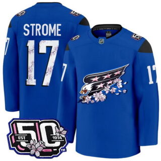 Men's Washington Capitals #17 Dylan Strome 50th Anniversary Cherry Blossom Premium Royal Jersey - All Stitched