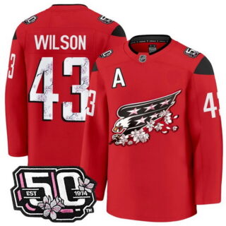 Men's Washington Capitals #43 Tom Wilson 50th Anniversary Cherry Blossom Premium Red Jersey - All Stitched