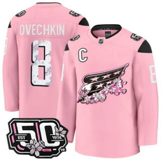 Men's Washington Capitals #8 Alex Ovechkin 50th Anniversary Cherry Blossom Premium Pink Jersey - All Stitched