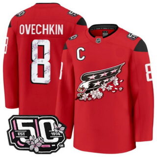 Men's Washington Capitals #8 Alex Ovechkin 50th Anniversary Cherry Blossom Premium Red Jersey - All Stitched