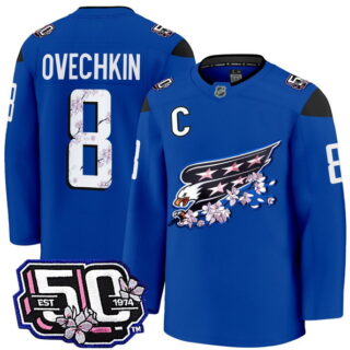 Men's Washington Capitals #8 Alex Ovechkin 50th Anniversary Cherry Blossom Premium Royal Jersey - All Stitched