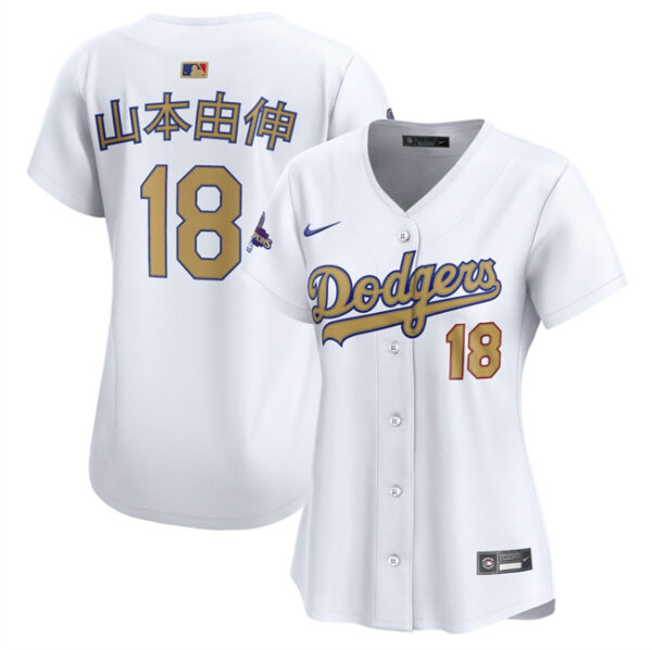 Women's Los Angeles Dodgers #18 Yoshinobu Yamamoto White 2025 Gold Collection Limited Stitched Baseball Jersey(Run Small)