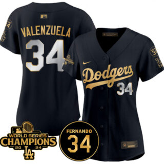Women's Los Angeles Dodgers #34 Fernando Valenzuela Black Gold 2024 World Series Champions & Fernando Memorial Patch Limited Stitched Baseball Jersey(Run Small)