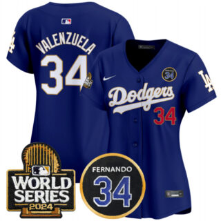 Women's Los Angeles Dodgers #34 Fernando Valenzuela Royal 2024 World Series & Fernando Memorial Patch Limited Stitched Baseball Jersey(Run Small)