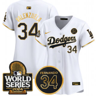 Women's Los Angeles Dodgers #34 Fernando Valenzuela White Gold 2024 World Series & Fernando Memorial Patch Limited Stitched Baseball Jersey(Run Small)