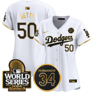 Women's Los Angeles Dodgers #50 Mookie Betts White Gold 2024 World Series & Fernando Memorial Patch Limited Stitched Baseball Jersey(Run Small)
