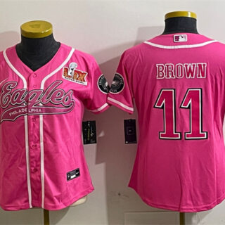 Women's Philadelphia Eagles #11 A.J. Brown Pink 2025 Super Bowl LIX Patch Cool Base Stitched Baseball Jersey(Run Small)