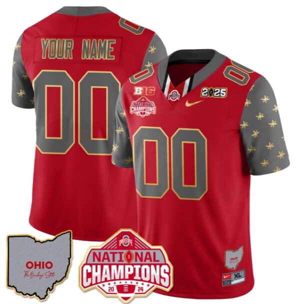 Custom Ohio State Buckeyes 2024 National Champions Limited Gold Jersey N1 Red