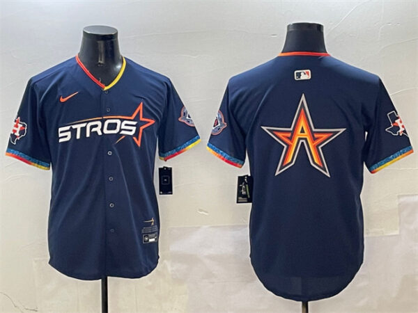 Men's Houston Astros Team Big Logo Navy 2025 City Connect With Texas Patch Limited Stitched Baseball Jersey