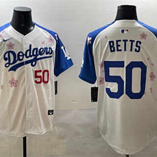 Men's Los Angeles Dodgers #50 Mookie Betts White Royal 2025 Tokyo Series Limited Stitched Baseball Jersey