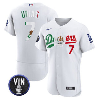 Men's Los Angeles Dodgers #7 Julio Urias White Mexico Special Vin Scully Patch Flex Base Stitched Baseball Jersey