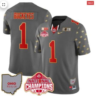 Men's Ohio State Buckeyes 2024 National Champions Limited Gold Jersey N1 Gray #1 Buckeyes