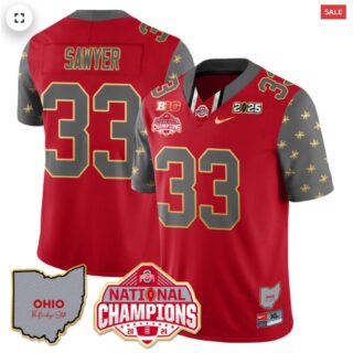 Men's Ohio State Buckeyes 2024 National Champions Limited Gold Jersey N1 Red Jack Sawyer 33