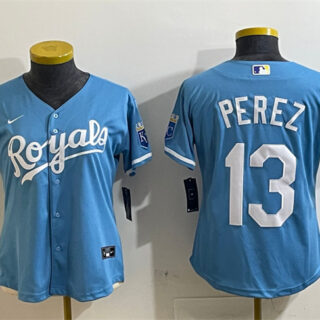 Women's Kansas City Royals #13 Salvador Perez Light Blue Cool Base Stitched Jersey(Run Small)