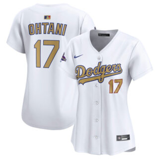 Women's Los Angeles Dodgers #17 Shohei Ohtani White 2025 Gold Collection Limited Stitched Baseball Jersey(Run Small)