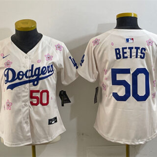 Women's Los Angeles Dodgers #50 Mookie Betts Cream 2025 Tokyo Series Limited Stitched Baseball Jersey(Run Small)