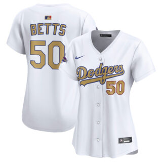 Women's Los Angeles Dodgers #50 Mookie Betts White 2025 Gold Collection Limited Stitched Baseball Jersey(Run Small)