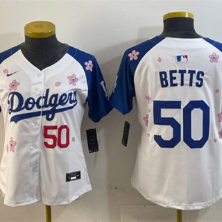 Women's Los Angeles Dodgers #50 Mookie Betts White Royal 2025 Tokyo Series Limited Stitched Baseball Jersey(Run Small)