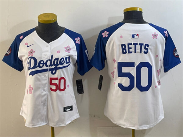 Women's Los Angeles Dodgers #50 Mookie Betts White Royal 2025 Tokyo Series Limited Stitched Baseball Jersey(Run Small)