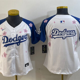 Women's Los Angeles Dodgers Team Big Logo White Royal 2025 Tokyo Series Limited Stitched Baseball Jersey(Run Small)