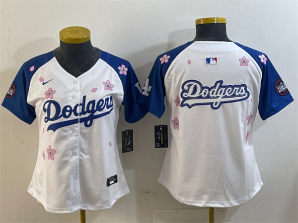 Women's Los Angeles Dodgers Team Big Logo White Royal 2025 Tokyo Series Limited Stitched Baseball Jersey(Run Small)