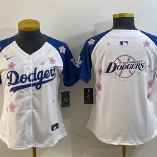 Women's Los Angeles Dodgers Team Big Logo White Royal 2025 Tokyo Series Limited Stitched Baseball Jersey(Run Small)