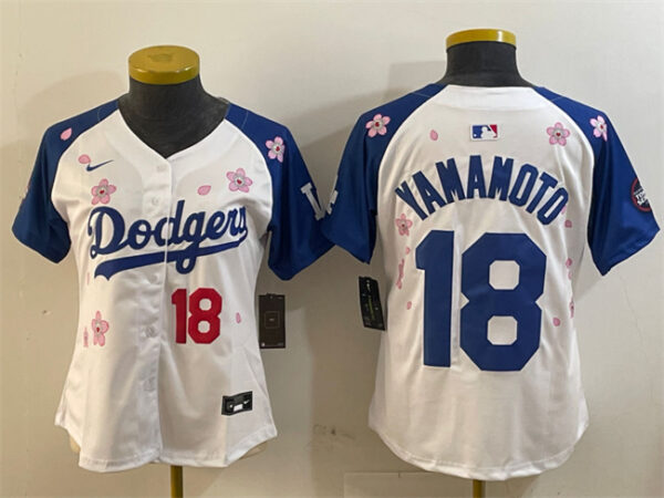 Youth Los Angeles Dodgers #18 Yoshinobu Yamamoto White Royal 2025 Tokyo Series Limited Stitched Baseball Jersey