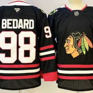 Men's Chicago Blackhawks #98 Connor Bedard Black With A Patch Stitched Hockey Jersey