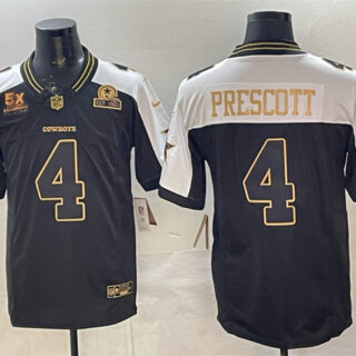 Men's Dallas Cowboys #4 Dak Prescott Black Gold 2025 F.U.S.E. With 5x Super Bowl Champions & Established In 1960 Patch Vapor Limited Stitched Football Jersey